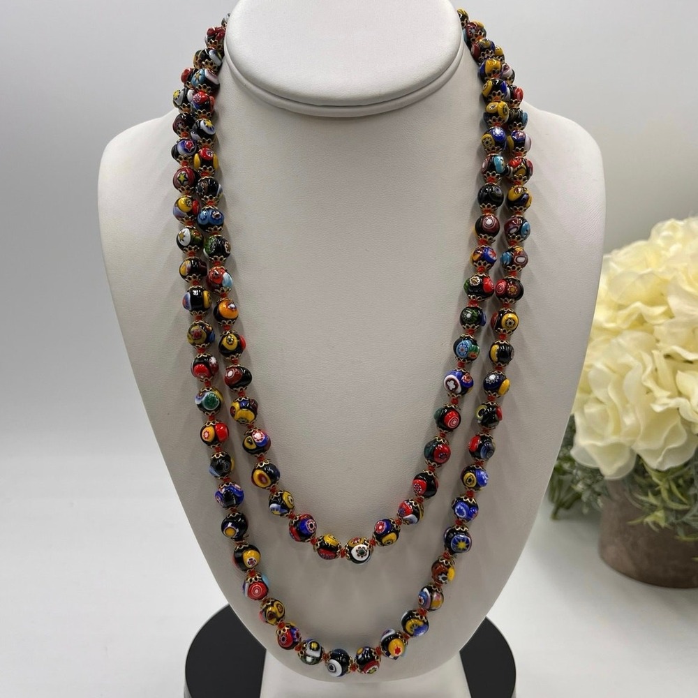 Venetian Glass‎ Murano Millefiori Bead 45" Opera Vintg Hand Knotted Cap Necklace